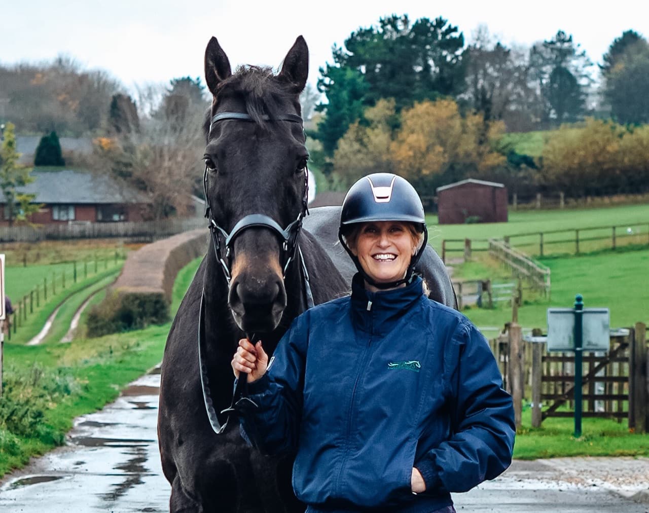 A HEROS rider in a riding hat holding a dark bay horse on the yard